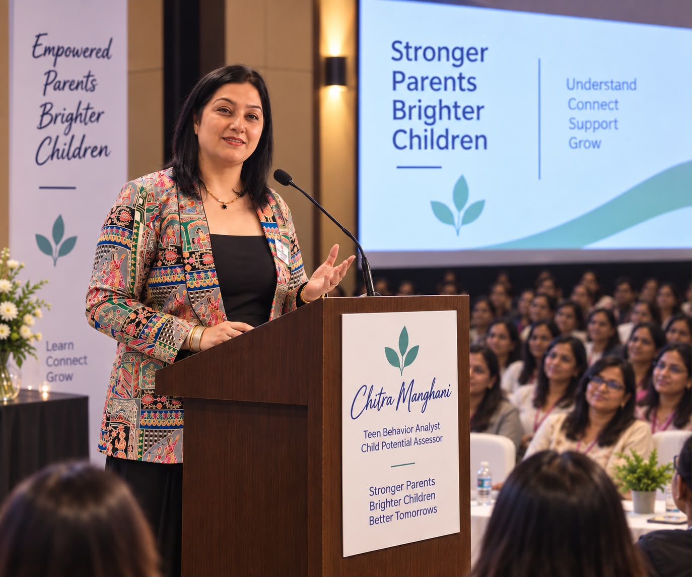 Chitra Manghani speaking to parents at an event